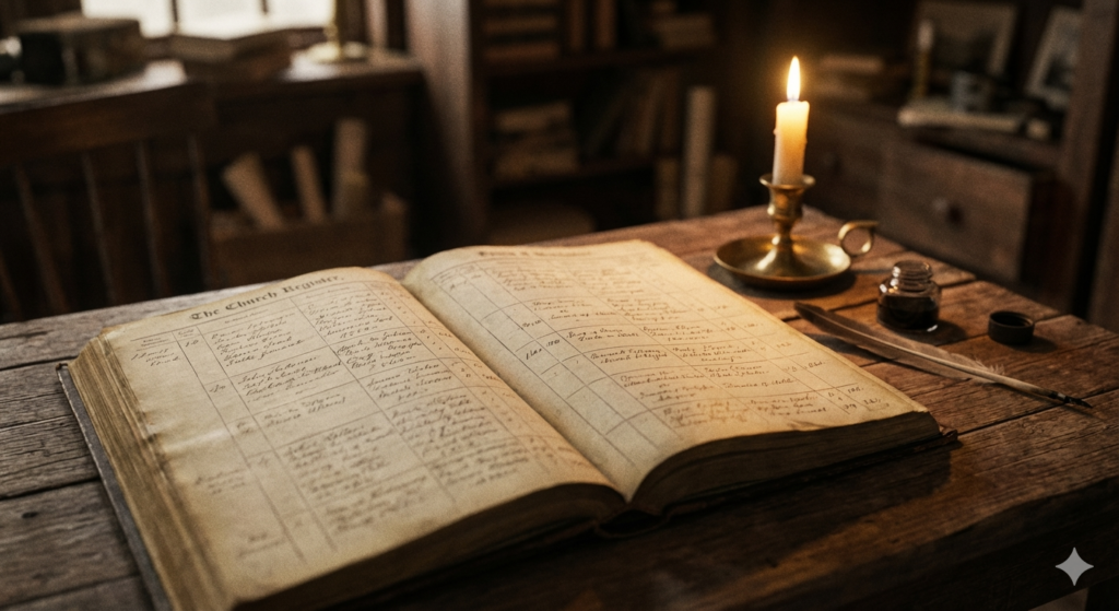 Kirchenbuch bei Kerzenlicht – historische Quellen der Genealogie